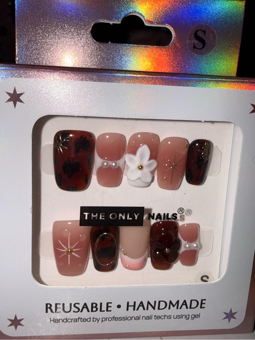The Only Nails Reusable Handmade Pink & Brown Floral Press-On Set